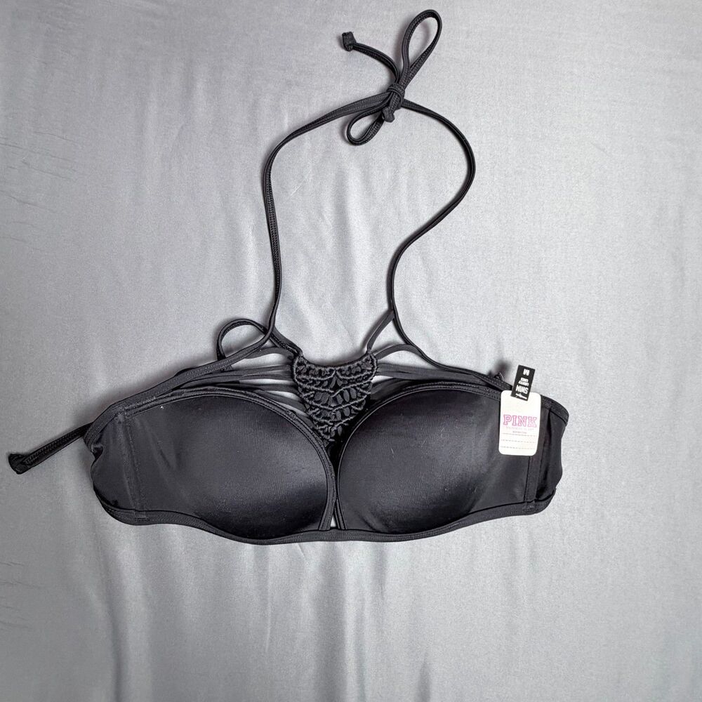 NWT Victoria's Secret PINK Strappy Macrame-front Black M Bikini Top Summer Beach